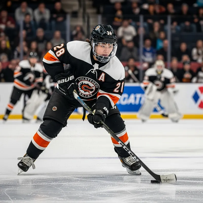 Female Hockey Player Wearing Face Mask in Intense Game