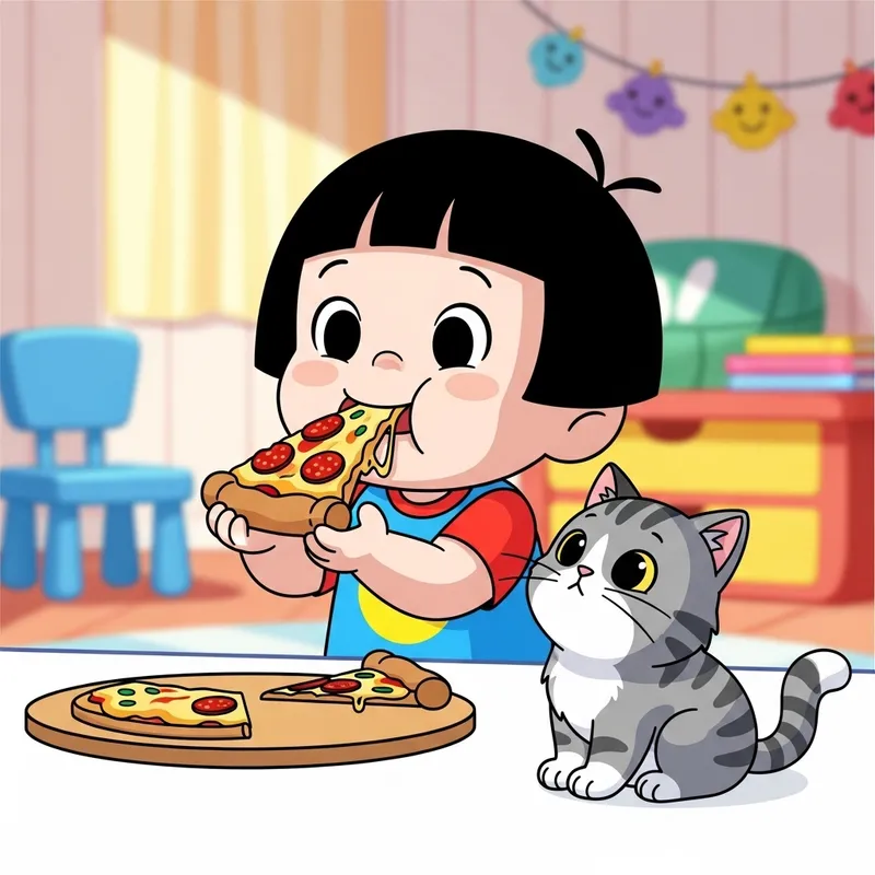 Cute Child with Black Hair Eating Pizza with White Cat