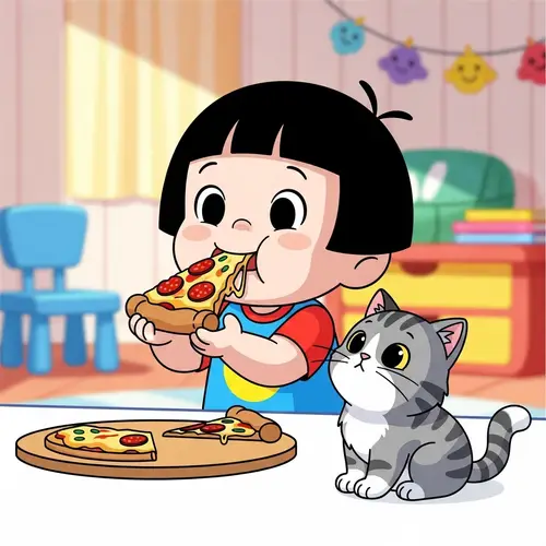 Adorable Child Eating Pizza with Cute Cat - Cartoon Illustration