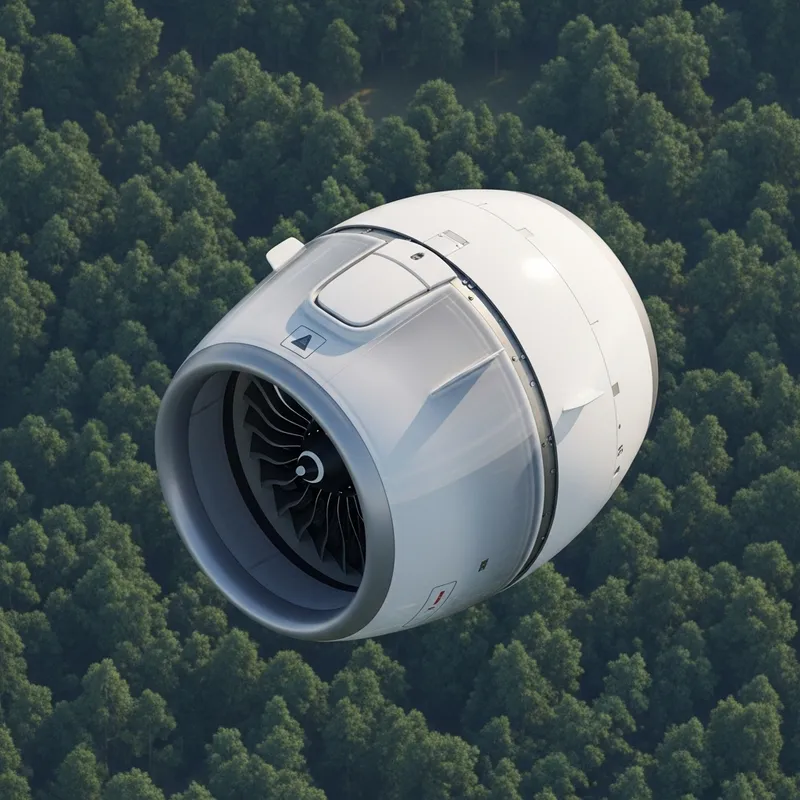 Isometric View of GE9X Engine Flying Over Forest Canopy