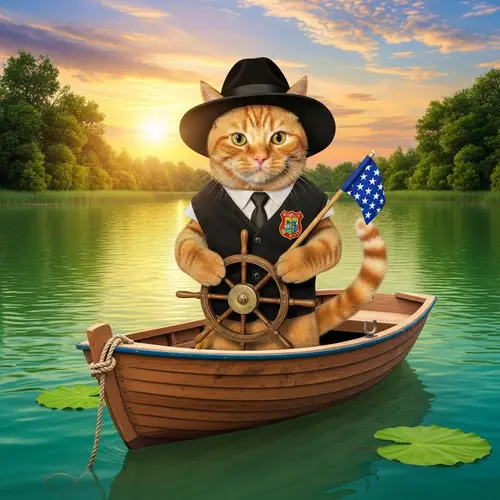 Playful Orange Tabby Cat Steering Wooden Boat