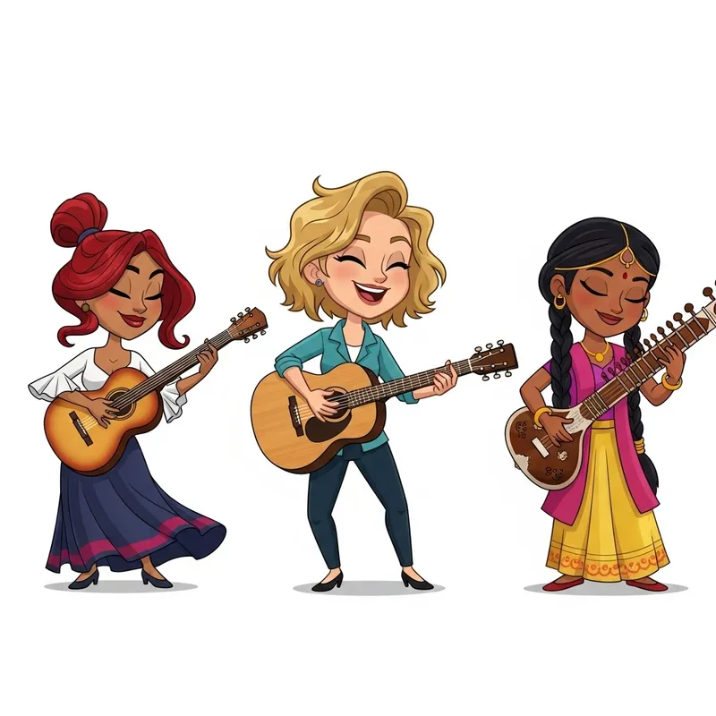 Cartoon Women - Diverse Mini Characters Playing Guitars
