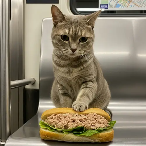 Neutral-colored Domestic Short-Haired Cat Enjoying Tuna Sandwich in Urban Subway