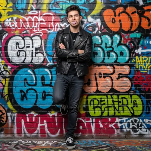 Rebellious Young Man in Leather Jacket with Sneakers