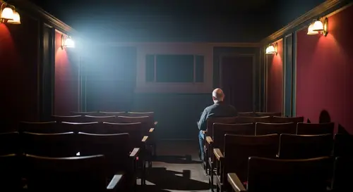 Vintage 1920s Movie Theatre with Man in Analog Film Look