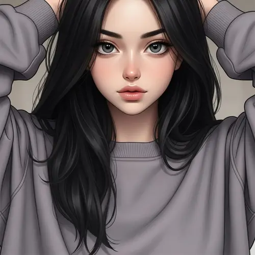 Caucasian Girl with Long Black Hair in Oversized Sweatshirt