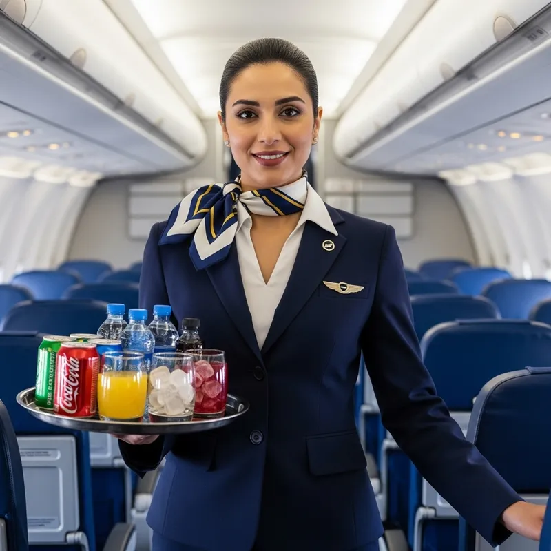 Qatari Airways Flight Attendant Serving Beverages