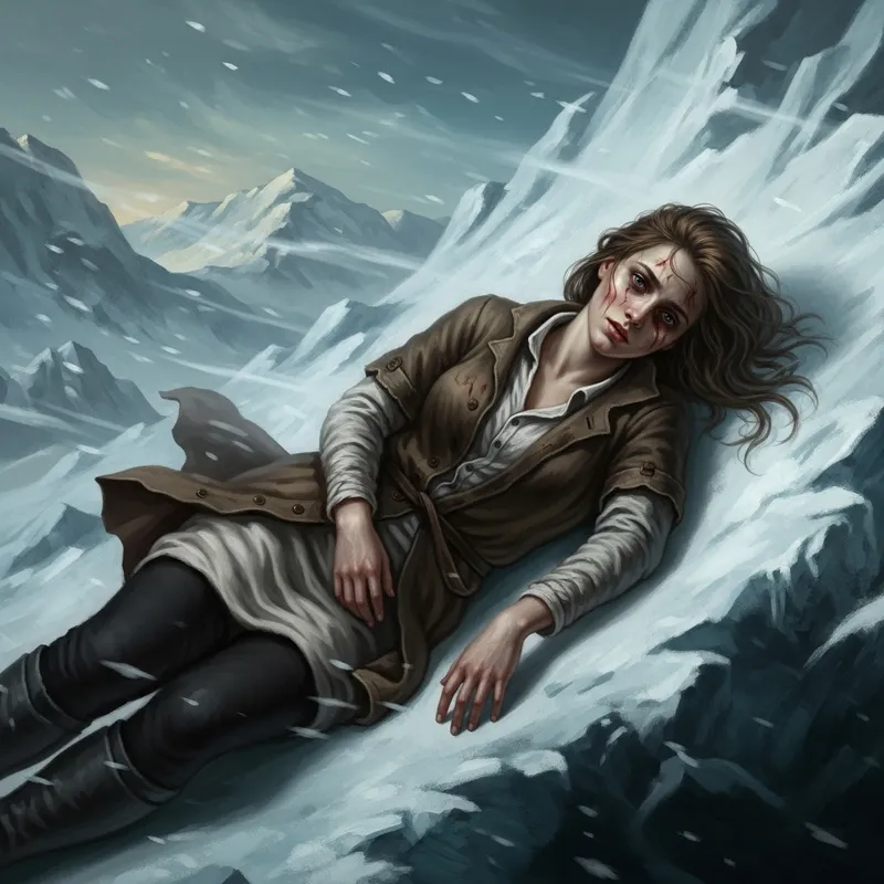 Gripping Baroque Portrait: Young Woman Stranded in Snowy Mountains