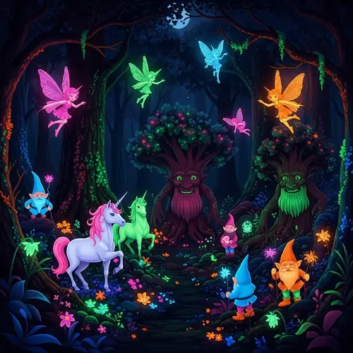 Mythical Forest Fantasy Creatures in Neon Colors