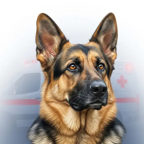 Realistic German Shepherd Dog Image with Subtle Veterinary Ambulance Background