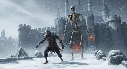 Gothic Snowy Castle with Zombie & Giant Skeleton