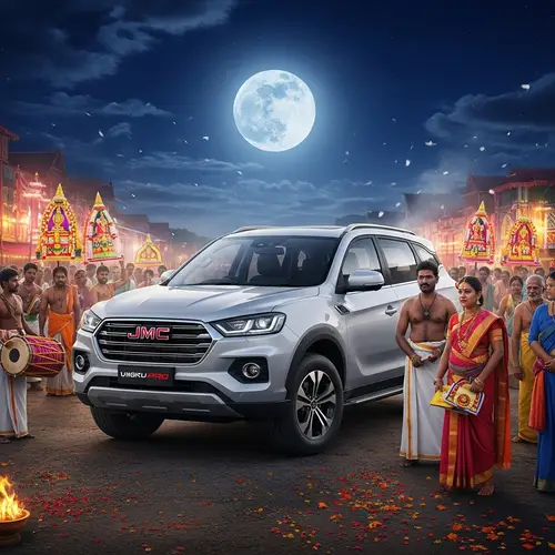 JMC Vigus Pro Off-Road Vehicle Under Full Moon with Thaipusam Devotees