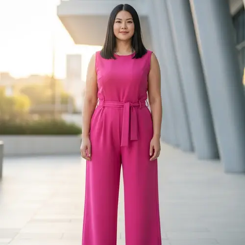 Tall Hispanic Woman in Pink Outfit with Straight Black Hair
