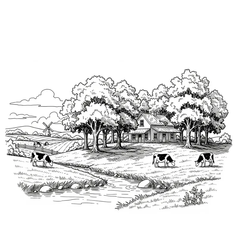 Peaceful Rural Sketch - Quaint Farmhouse & Grazing Cows