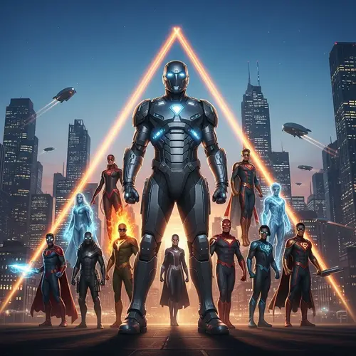 Superhero Triangle Formation in Futuristic Cityscape