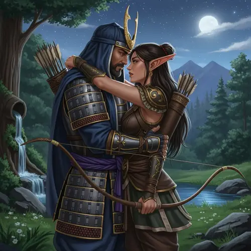 Romantic Samurai and High Elf Archer Love Scene Under the Stars
