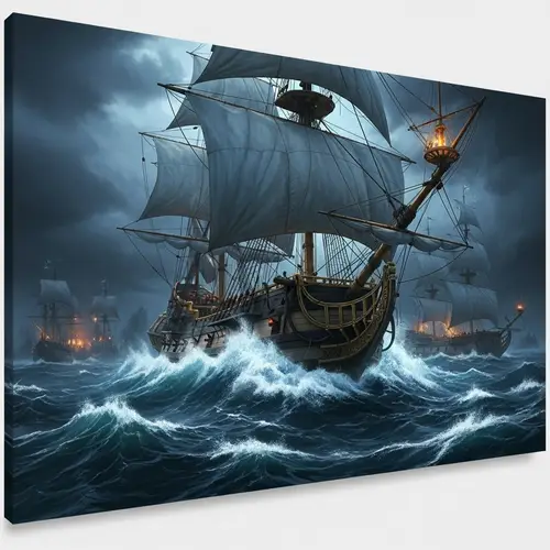 17th-Century Ship Battling Stormy Night