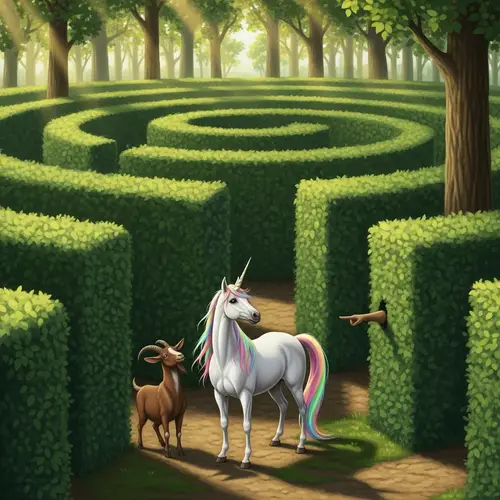 White Unicorn & Friendly Goat in Labyrinthine Forest Maze