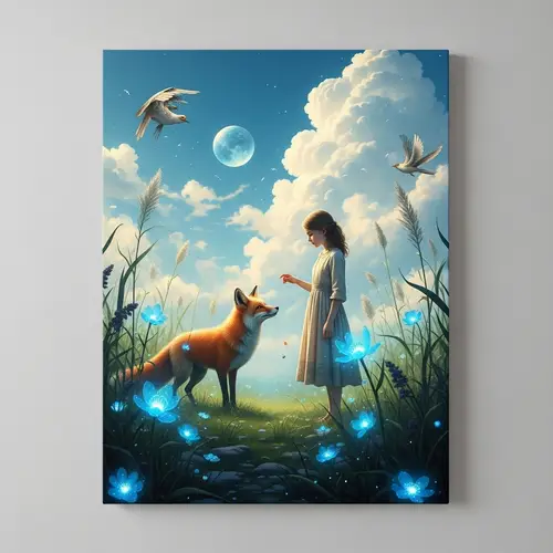 Young Girl and Fox Encounter in Enchanted Meadow