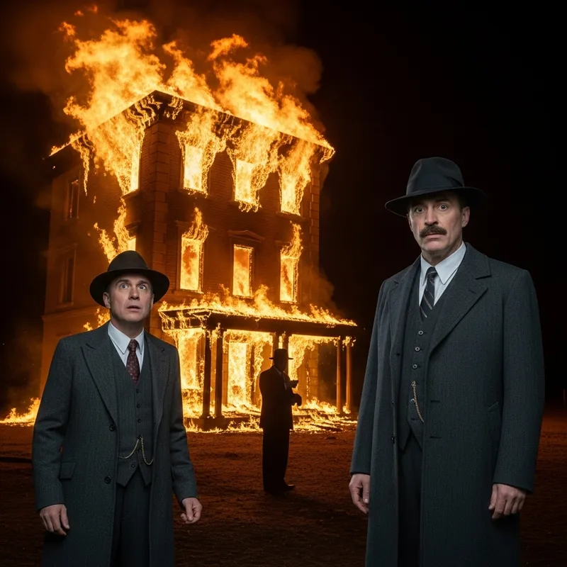 Dramatic Fire Scene: Man in Classic Attire Indifference and Astonishment Dramatic Fire Scene: Man in Classic Attire Indifference and Astonishment