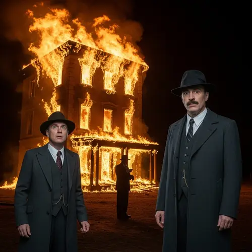 Men in Classic Attire: Indifference and Astonishment at Burning Building