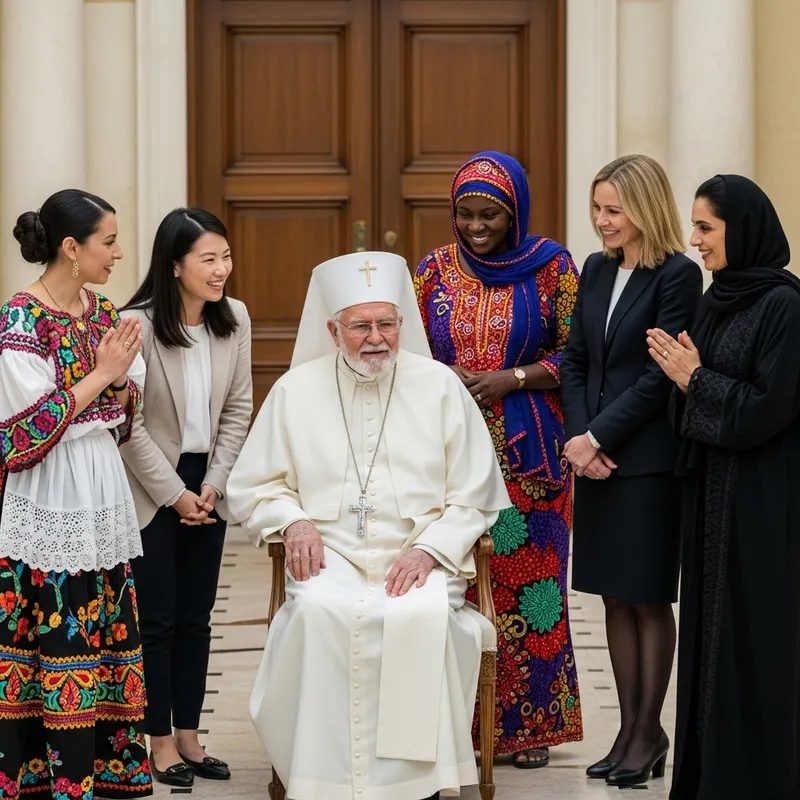Pope Francis Surrounded by Diverse International Women