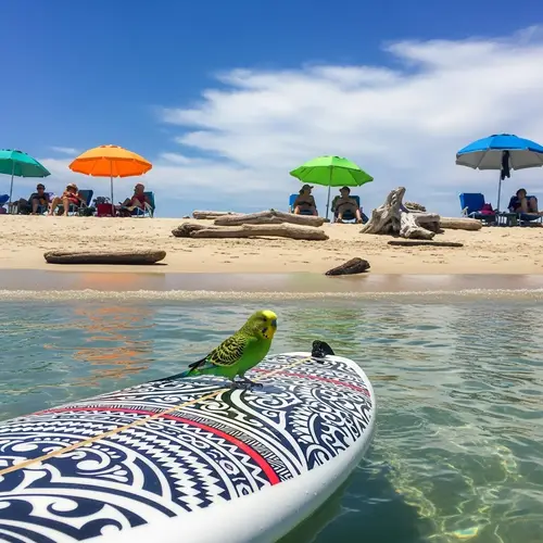 Periquito en Tabla de Surf: Summer Beach Fun