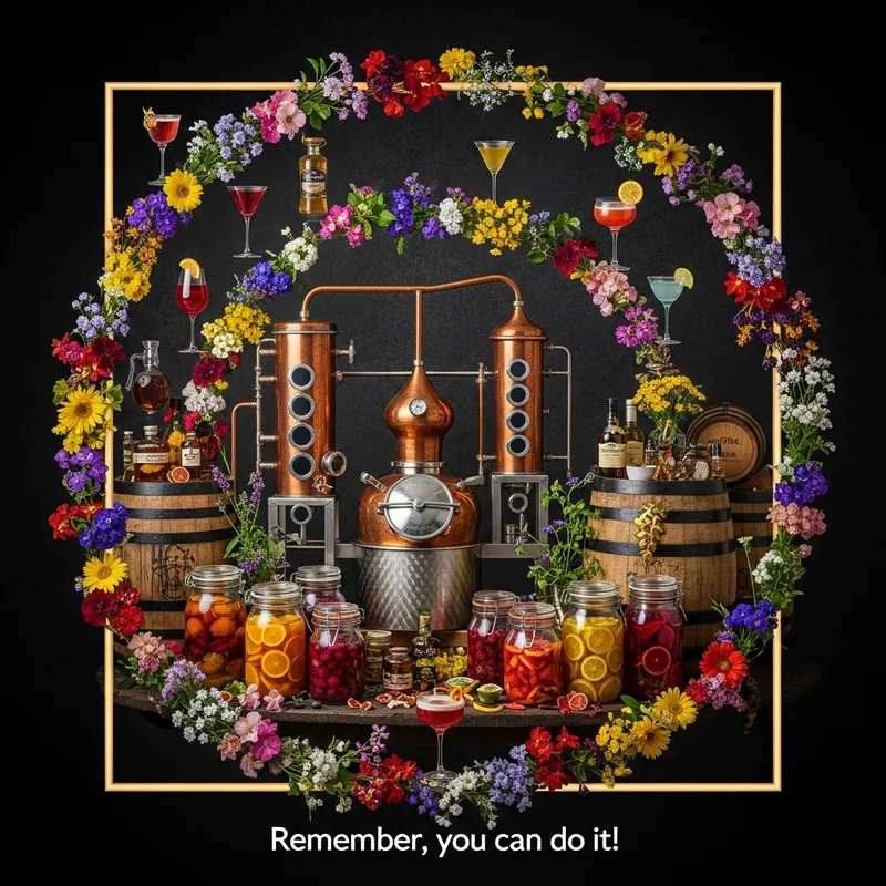 Visually Captivating Still Life with Gleaming Copper Still & Fruit Infusions