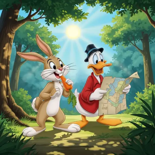 Cheerful Rabbit and Witty Duck in Verdant Forest