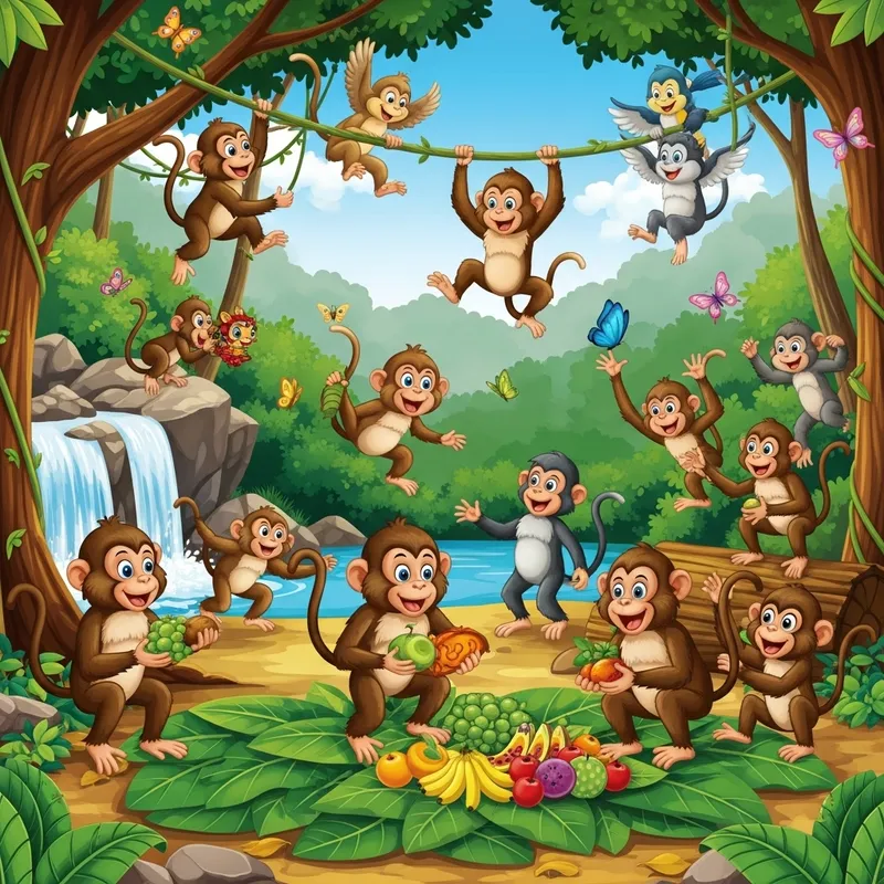Cheerful Monkey Gathering in Lush Tropical Forest