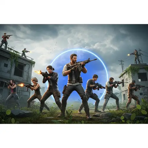 Multiplayer Battle Royale Game Scene with Diverse Characters and Intense Action