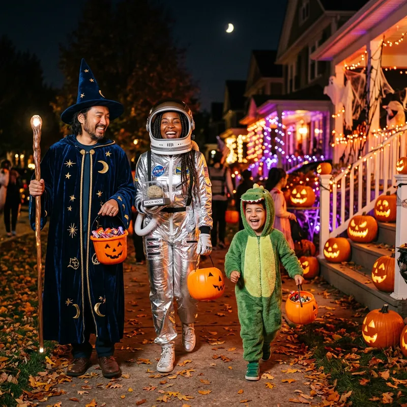 Vibrant Halloween Costume Scene with Wizard, Astronaut & Dinosaur