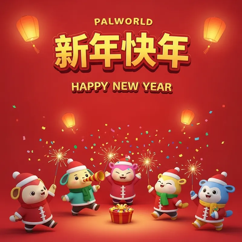 Cute New Year Celebration in Palworld - Red Background Festivities