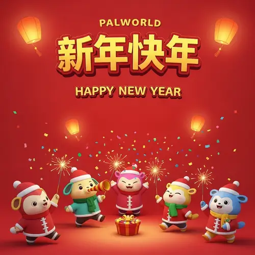 Happy New Year Celebration in Palworld - Festive Scene with Cute Creatures