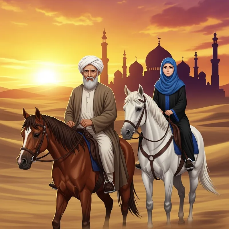 Islamic Figures Riding Horses at Dusk