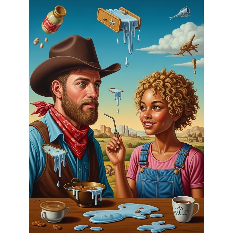 Surrealist Masterpiece: Enchanting Encounter of Cowboy and City Girl Surrealist Masterpiece: Enchanting Encounter of Cowboy and City Girl