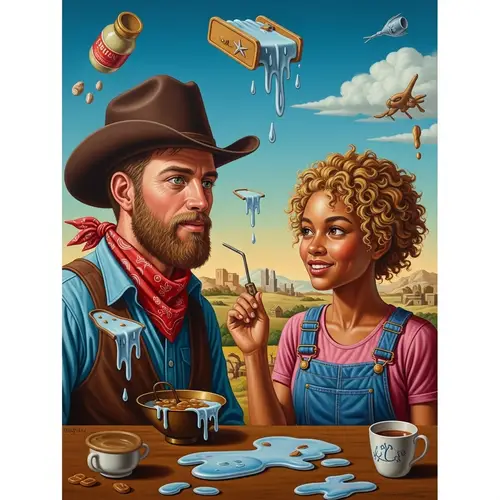 Surrealist Oil Painting: Industrious Cowboy & City Girl