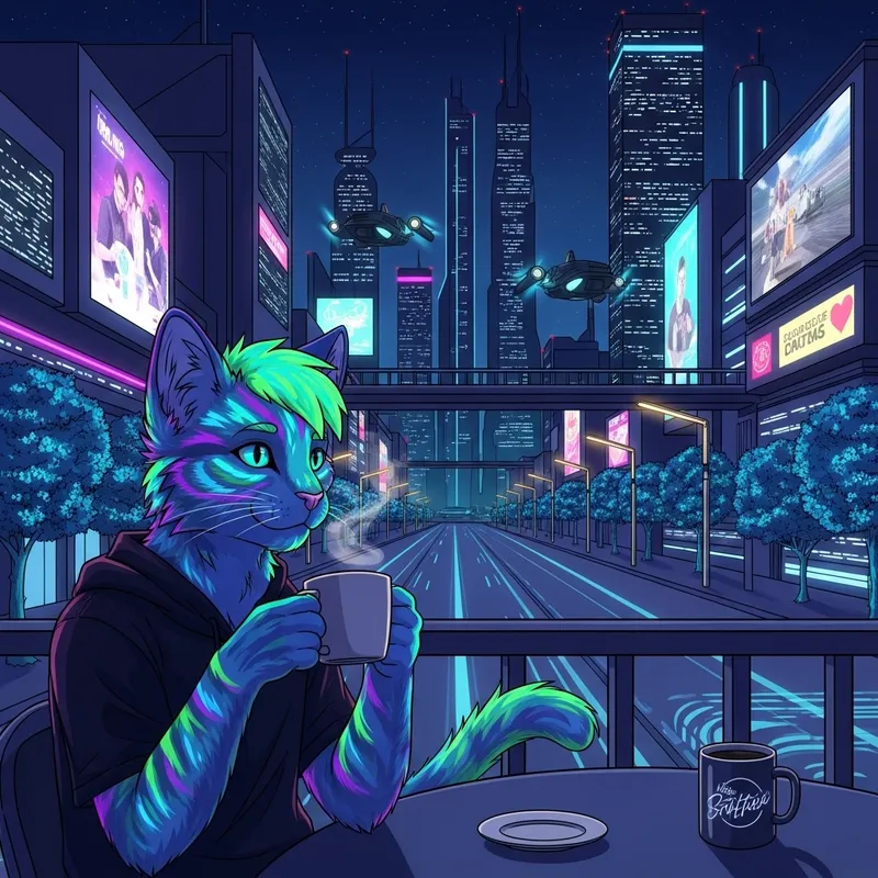 Cyber Cat Sips Coffee in Neon City | Futuristic Night Scene