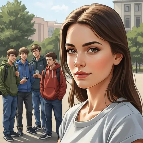 European Youthful Woman and Male Figures in Park Setting