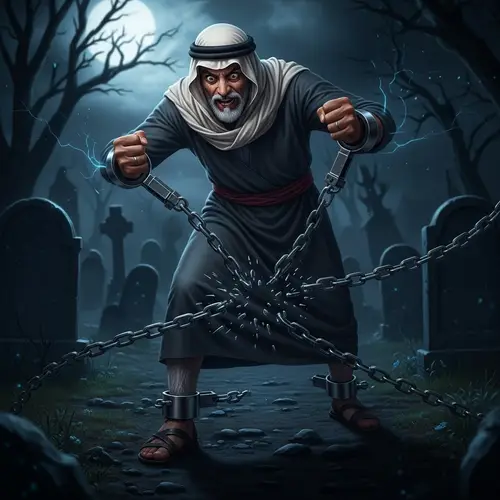 Powerful Middle Eastern Man Breaking Iron Shackles in Eerie Graveyard