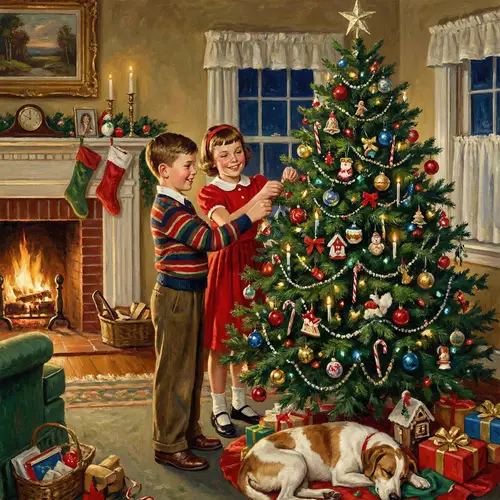 Rockwell-Style Painting of Kids & Christmas Tree