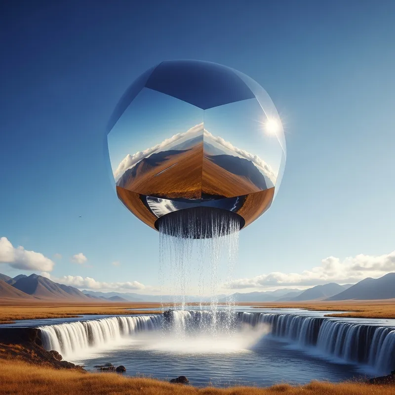 Realistic Floating Metallic Object Reflecting Landscape