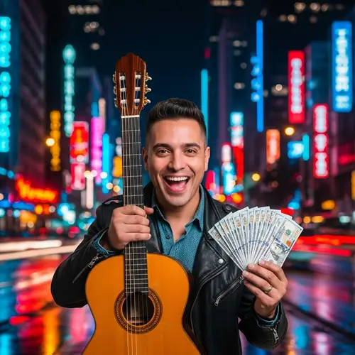 Joyous Hispanic Guitarist with Money in Vibrant City Night