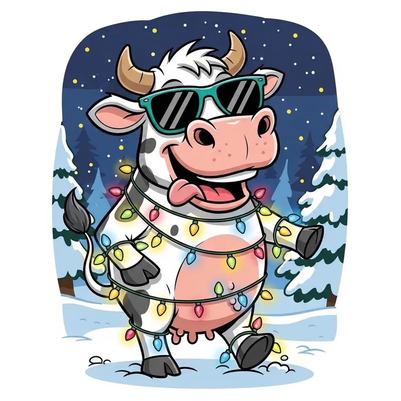 Happy Cartoon Cow in Christmas Lights