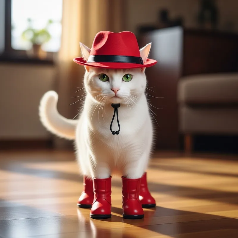 Charming White Cat in Bright Red Boots and Hat