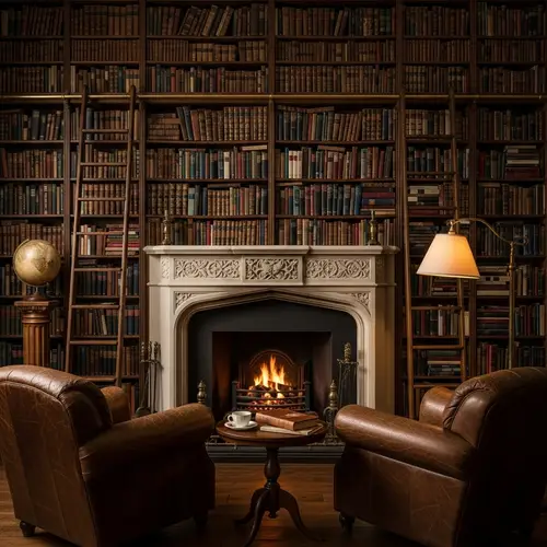 Cozy Fireplace Setting with Leather Armchairs and Bookshelf