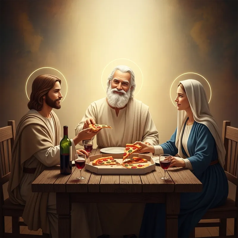 Divine Pizza Gathering: Jesus, Mary, and God Share a Meal