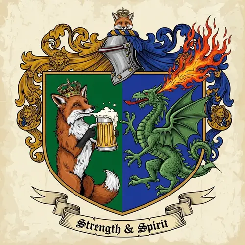 Fox Drinking Beer and Dragon Coat of Arms