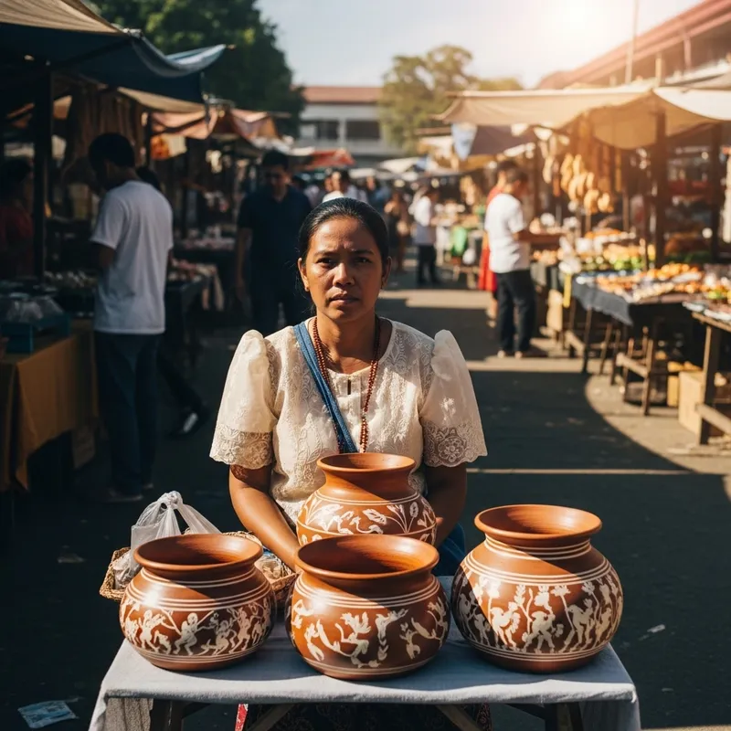 19th Century Philippine Outdoor Market: South Asian Woman Selling 3 Crafted Pots