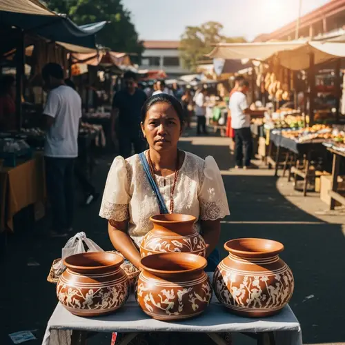 19th Century Filipino Woman Selling 3 Masterfully Crafted Pots